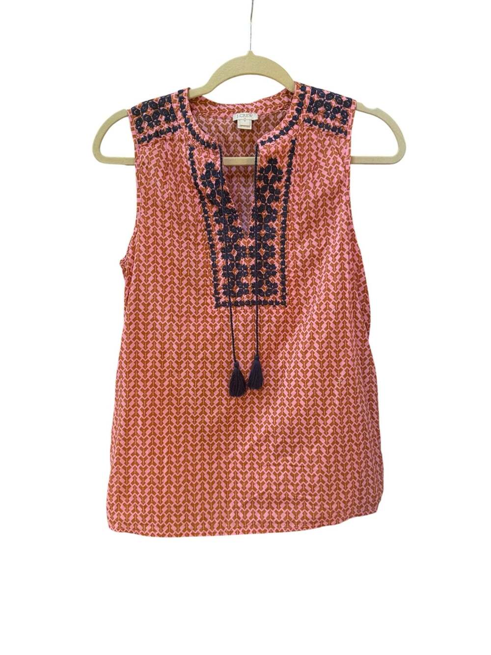 J.Crew Women's Pink and Brown Print Embroidered Sleeveless Tassel Tank Top